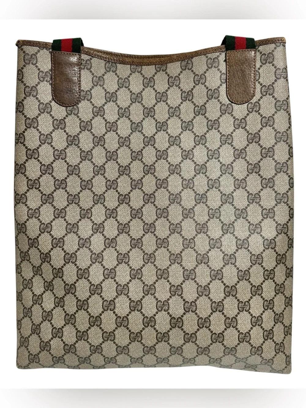 Gucci GG Supreme Web Monogram Canvas & Green Red Sherry Stripe Tote Bag